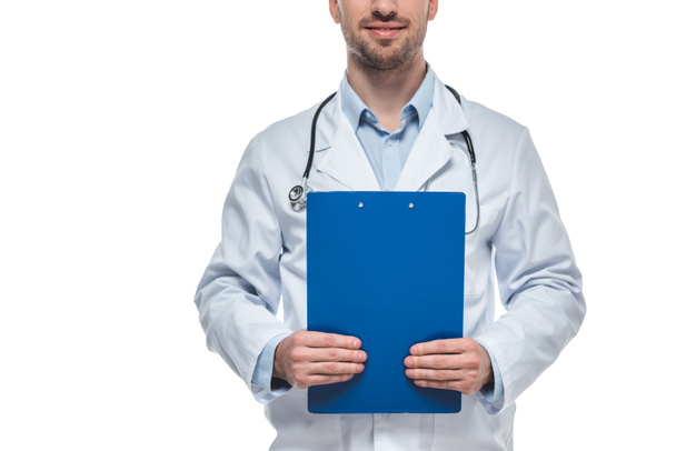 cropped shot of male doctor with stethoscope and clipboard isolated on white background - Fotoğraf, Görsel