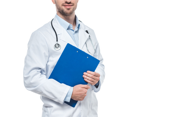 cropped image of male doctor with stethoscope and clipboard isolated on white background - Foto, imagen