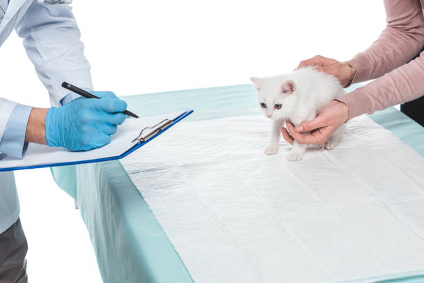 imagen recortada de la mujer con gatito y veterinario masculino diagnóstico de escritura en portapapeles aislado sobre fondo blanco
 - Foto, imagen