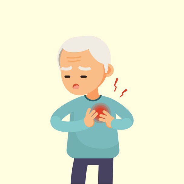 Senior man having a heart attack, elderly with chest pain cartoon, vector illustration. - Vector, Image