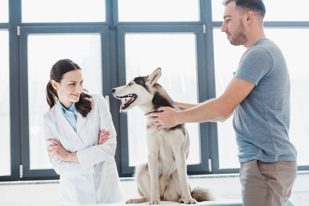 young man with husky and smiling veterinarian in clinic  - Фото, изображение
