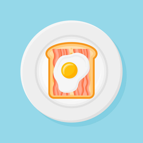 Plate with toasted bread, bacon strips and fried egg. Flat style vector illustration. - Vektör, Görsel