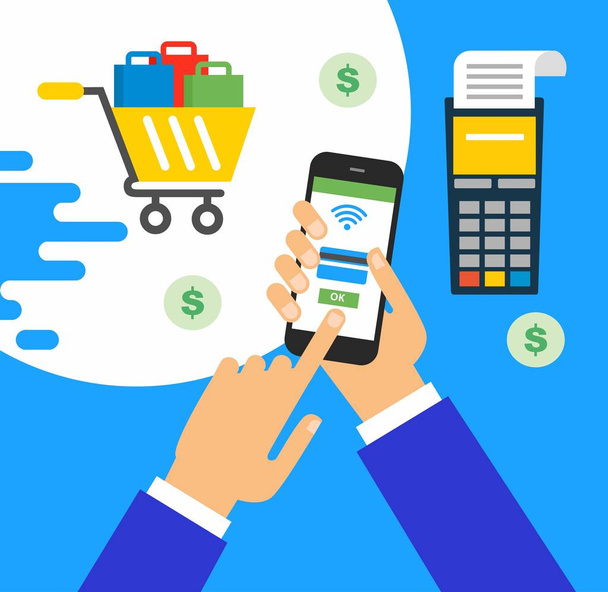 illusztráció modern okostelefon feldolgozás a mobil fizetések a hitelkártya a képernyőn. Online vásárlás koncepció. - Vektor, kép