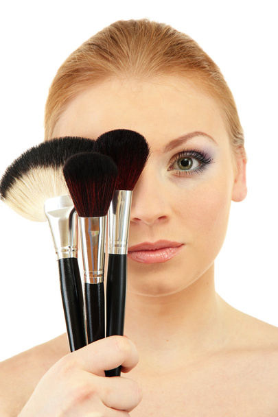 portrait of beautiful woman with make-up brushes, isolated on white - Foto, Imagem