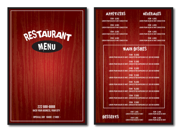 レストラン赤メニュー テンプレート ウッド テクスチャ テキストはアウトライン  - ベクター画像