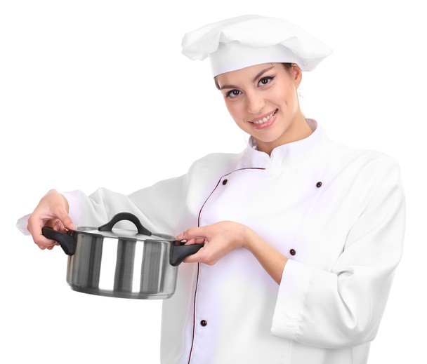 Portrait of young woman chef with pan isolated on white - Φωτογραφία, εικόνα