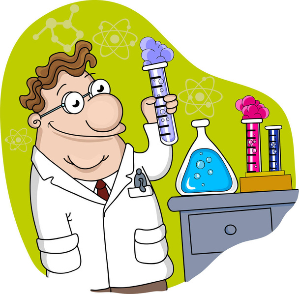 Labor und Wissenschaftler. Wissenschaftler-Experiment im Labor.Karikatur sicentist chatracter mit Reagenzgläsern. - Foto, Bild