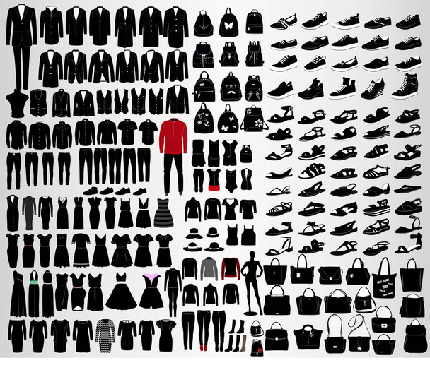 Коллекция современной женской и мужской одежды на светло-сером фоне
 - Вектор,изображение