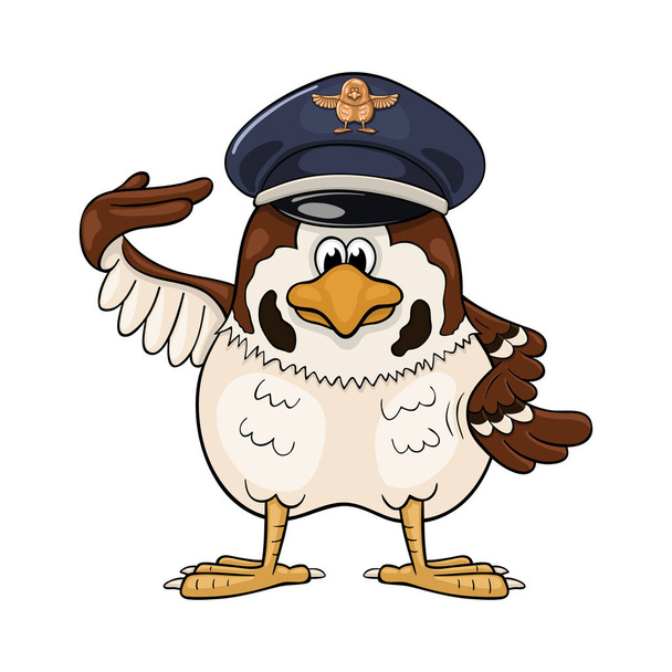 Funny cartoon sparrow in service cap with pilot badge makes a salute by rising the right wing to his cap - Vektör, Görsel