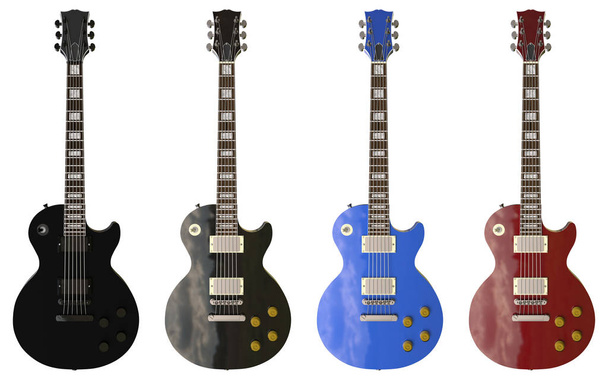 Set di 4 chitarre elettriche eleganti a colori su sfondo bianco. rendering 3d
. - Foto, immagini