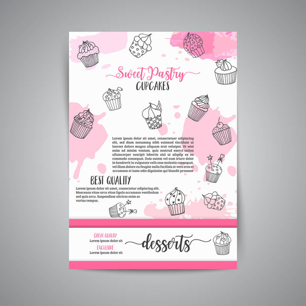 Cupcake background with handdrawn cupcakes and pink splashes. Sweet pastry slogan. Vector - Vektori, kuva