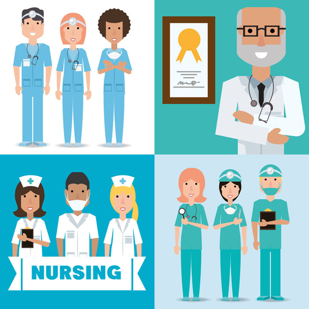 set specialist medical doctors with hat and mask - Vector, Image