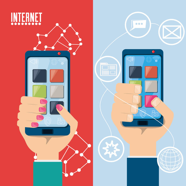 hand with smartphone internet connected - Vector, Image