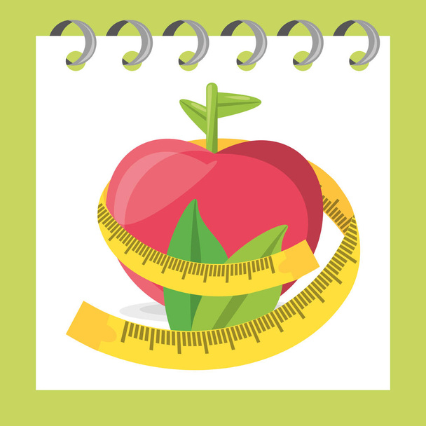 вкусное здоровое яблоко с листьями и измерения
 - Вектор,изображение