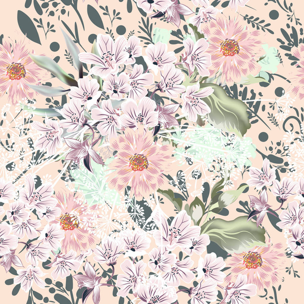 Floral cute pattern with colorful rustic pastel flowers - Vector, Imagen