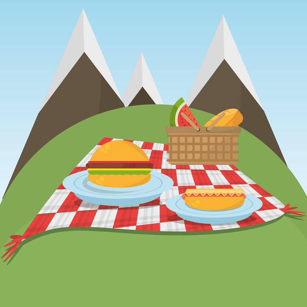 picnic checkered blanket with food and mountains background - Vector, Image