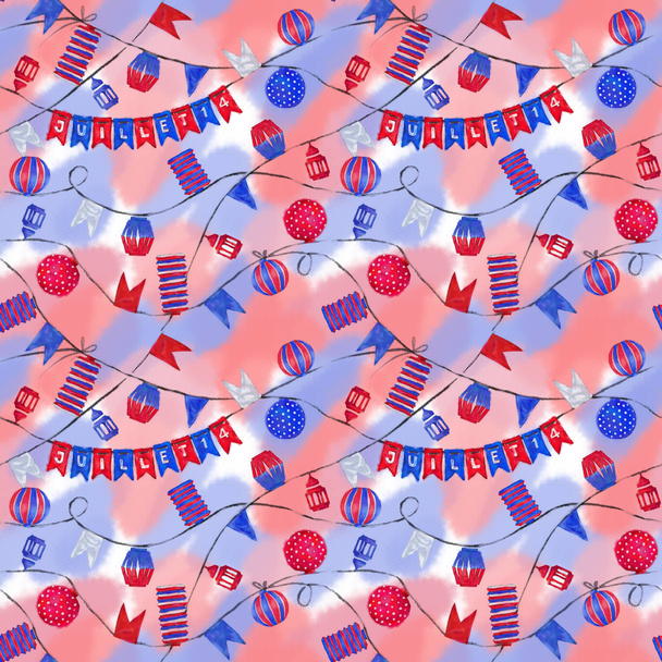 Bastille Day Celebration Seamless Pattern in Patriotic Colors. Street Paper Lights and Flag Garlands Rapport for Background, Print, and Textile. France Independence Day Celebration. - Photo, Image