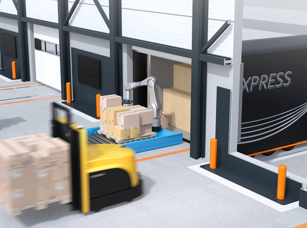 Industrial robot unloading parcels from semi truck, self-driving forklift carrying pallet of parcels in modern logistics center. Cutaway view. 3D rendering image. - Photo, Image