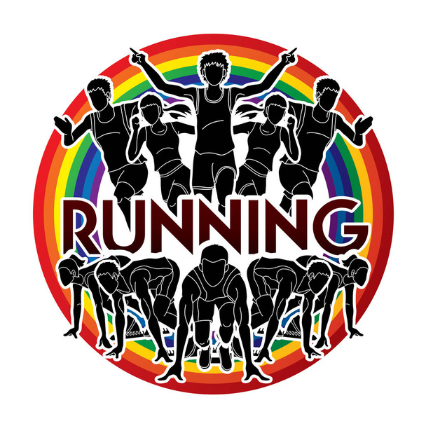 People running, Marathon Runner with text Running designed on rainbows background graphic vector - Vector, Image