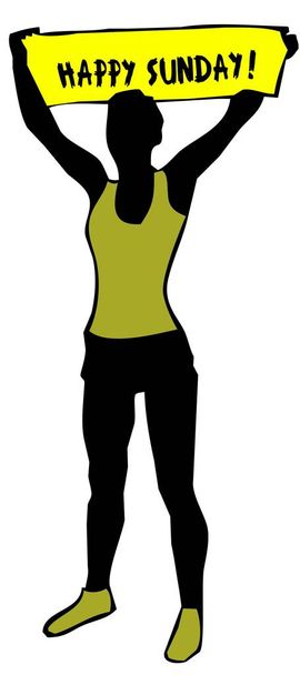 Urheilullinen nainen siluetti tilalla keltainen banneri merkki HAPPY SUNDAY teksti
. - Valokuva, kuva