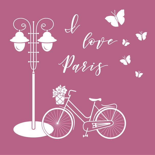 Bicicleta, lanterna, borboletas. Adoro Paris.
. - Vetor, Imagem