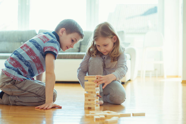 Двое счастливых братьев и сестер играют в игру с деревянными блоками дома
 - Фото, изображение