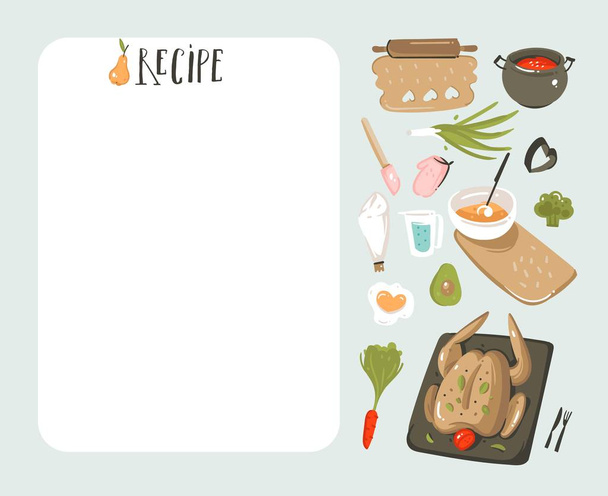 Hand drawn vector abstract modern cartoon cooking studio illustrations recipe card planner templete with food icons,vegetables and handwritten calligraphy isolated on white background - Vector, Image