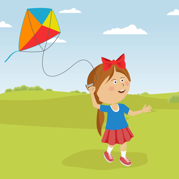 Cute happy child girl with a kite running on meadow in summer in nature - Vetor, Imagem
