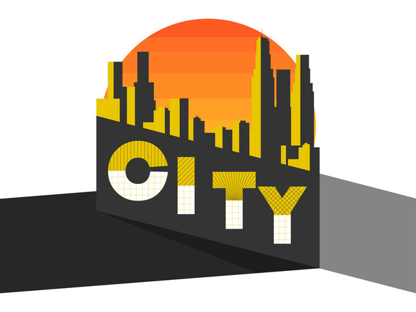 City landscape on a modern city. Skyscrapers, panorama. Vanguard and Bauhaus style. Buildings against the background of the sun. Vector illustration - Vektör, Görsel