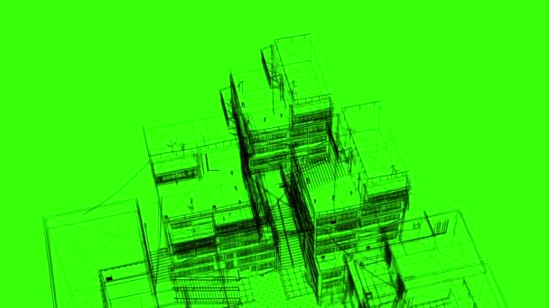 3D vykreslování - drátěný rám modelu průmyslových budov na zelené obrazovce  - Záběry, video