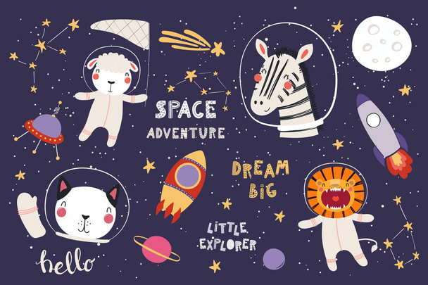 Gran conjunto de lindos astronautas animales divertidos en el espacio, con planetas, estrellas, citas. Objetos aislados sobre fondo blanco. Ilustración vectorial. Diseño plano de estilo escandinavo. Concepto para niños imprimir
. - Vector, imagen