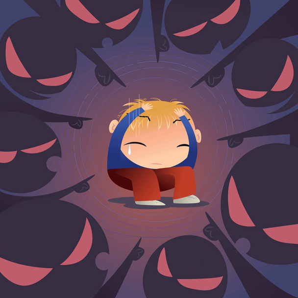 Concept illustration of a scared little boy is being bullied by a group of people - Vector, Image