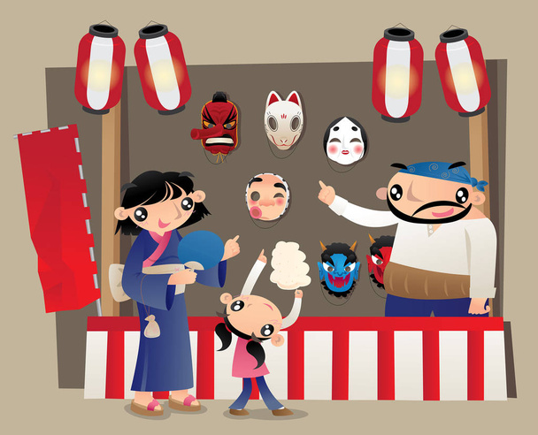 A mask stall in Japanese summer festival market - Vector, Image