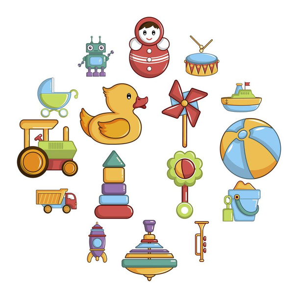 Bambini giocattoli icone set, stile cartone animato
 - Vettoriali, immagini