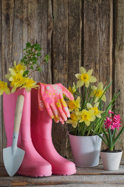 rubber boots and spring flowers on wooden background - Fotoğraf, Görsel
