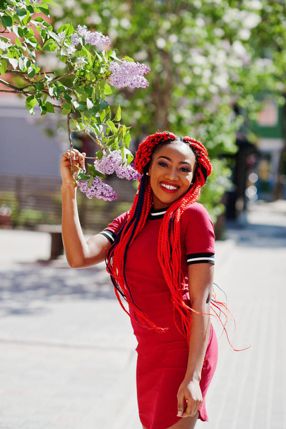 Cute and slim african american girl in red dress with dreadlocks - Фото, зображення