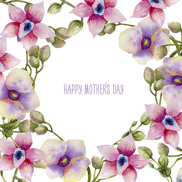 Akvarelu růžové a fialové orchideje kartu šablony, ručně malované na bílé pozadí, matky den card design - Fotografie, Obrázek