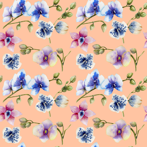 Watercolor multicolored orchids of different varieties seamless pattern, hand painted on a peach background - Фото, зображення