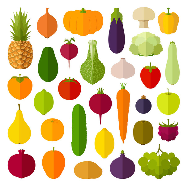 Joukko hedelmiä ja vihanneksia tasaisella tyylillä. Vektori. Web-suunnittelun kuvakkeet ja graafiset elementit
. - Vektori, kuva