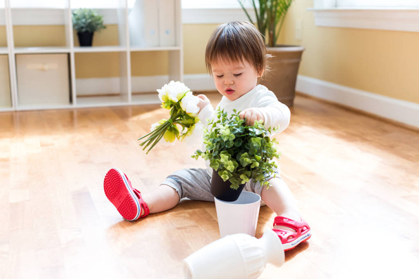 Happy toddler boy playing with flowers - Фото, зображення