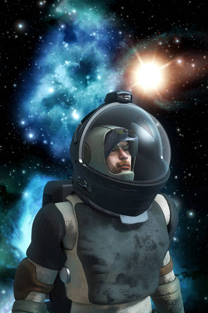astronaut spaceman with background nebula 3D science fiction illustration - Photo, Image