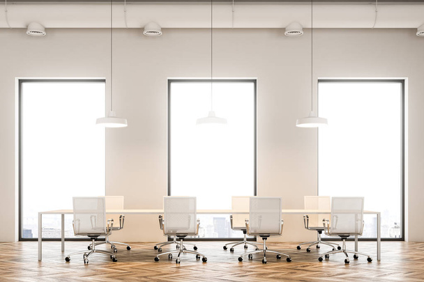Loft meeting room interior with a wooden floor, three windows and a long table surrounded by white chairs. 3d rendering mock up - Photo, image
