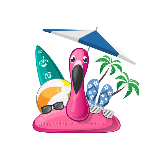 Summer beach set with flamingo swim ring beach ball surfboard flip flops sunglases parasol - Vector, Image
