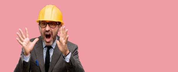 Senior-Architekt oder Ingenieur stressig halten die Hände auf dem Kopf, erschrocken in Panik, schreien - Foto, Bild