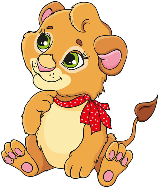 Lev. la cartoon lion cub with a red bow sits - Vektori, kuva