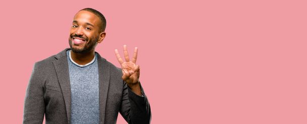 African american man with beard raising finger, is the number three - Photo, Image