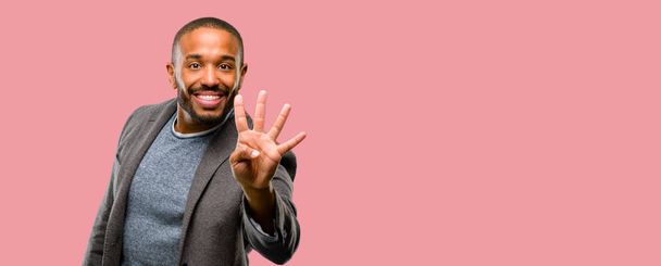 African american man with beard raising finger, is the number four - Photo, Image