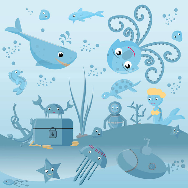 ilustração plana _ 5 _ sobre a vida marinha, vida subaquática, rótulo ou s
 - Vetor, Imagem