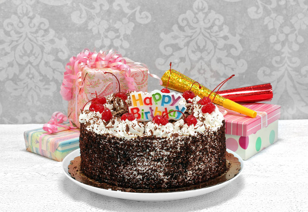 Happy Birthday Black Forest Chocolate Cake with gifts. - Photo, Image