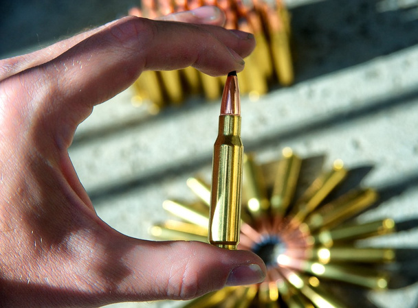 Holding rifle bullet - Photo, Image